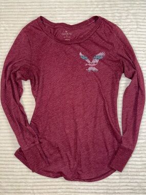 American Eagle Burgundy Long-Sleeve Scoop Neck Tee with Eagle logo